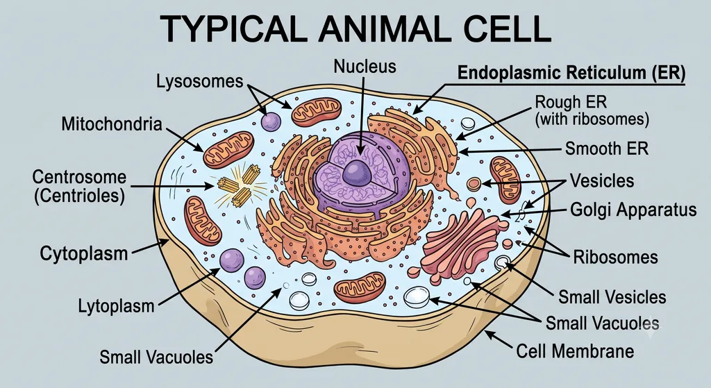 plant cell vs animal cell-Labeled animal cell diagram showing the cell membrane, nucleus, mitochondria, cytoplasm and other major cell structures.