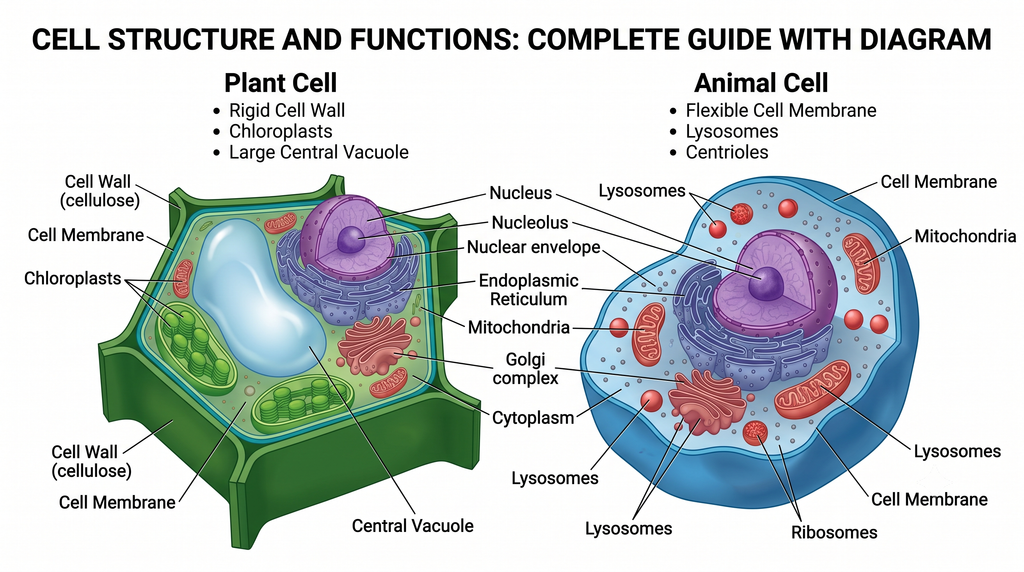 Labeled diagram comparing plant and animal cell structure and functions and their major organelles.