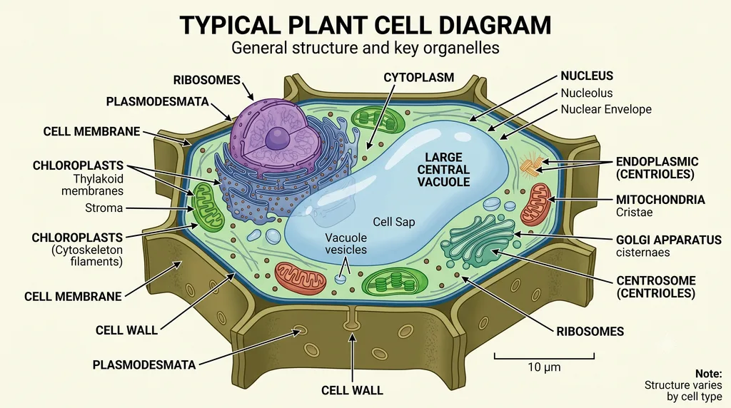 plant cell vs animal cell-Labeled plant cell diagram showing the cell wall, cell membrane, nucleus, chloroplasts, large central vacuole and other major structures